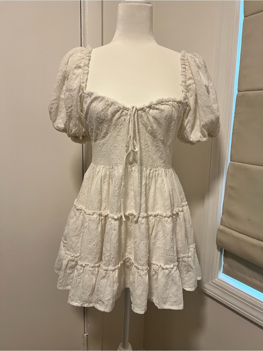 SUNDAY Saint-Tropez White Textured Puff Sleeve Corset Mini Dress S